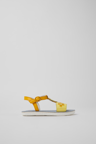 Side view of Twins Yellow and orange leather sandals for kids
