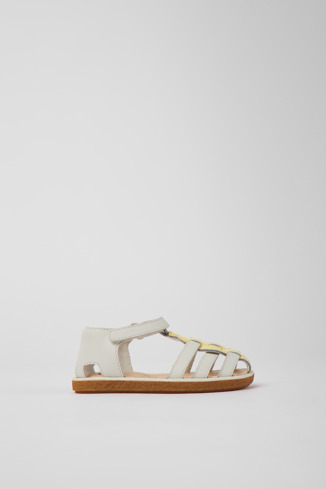 Side view of Miko White and yellow leather sandals for kids