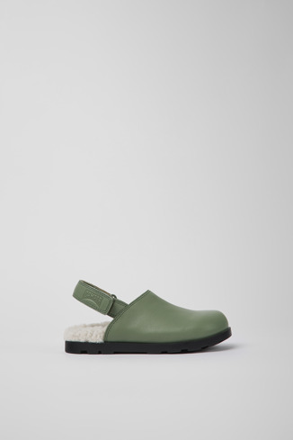Side view of Brutus Green leather clogs for kids