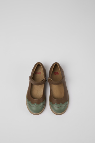 Overhead view of Twins Brown and green leather ballerinas for kids
