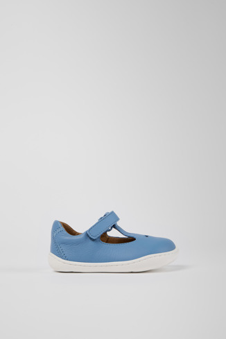Side view of Twins Blue Leather T-Strap Shoe