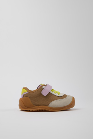 Side view of Dadda Brown textile and leather sneakers for kids