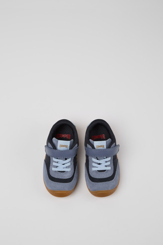 Overhead view of Dadda Blue textile and nubuck sneakers for kids