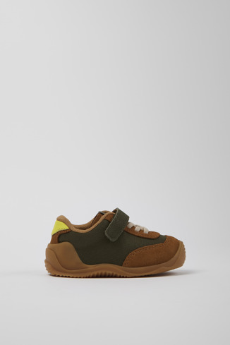 Side view of Dadda Green textile and nubuck sneakers for kids