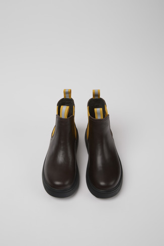 Overhead view of Norte Brown and yellow leather boots