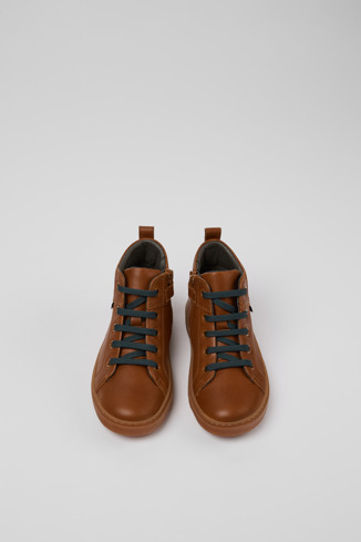 Overhead view of Kiddo Brown leather ankle boots for kids