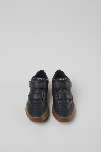 Overhead view of Pursuit Blue leather and textile sneakers for kids
