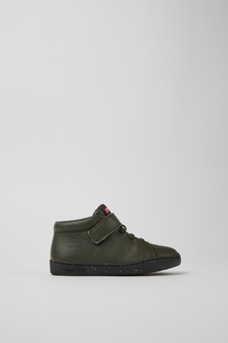 Side view of Peu Touring Green leather ankle boots for kids