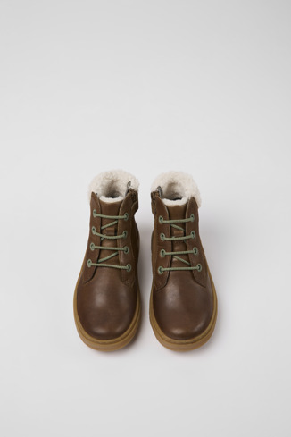 Overhead view of Kido Brown leather and nubuck ankle boots for kids