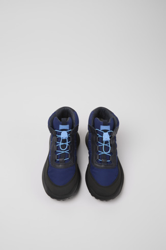 Overhead view of CRCLR Blue textile and leather ankle boots