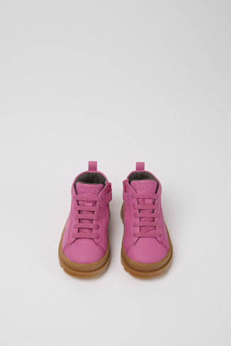 Overhead view of Brutus Pink leather lace-up boots