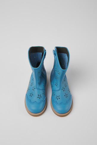 Overhead view of Savina Blue leather boots for kids