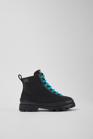 Side view of Brutus Black textile and leather ankle boots for kids