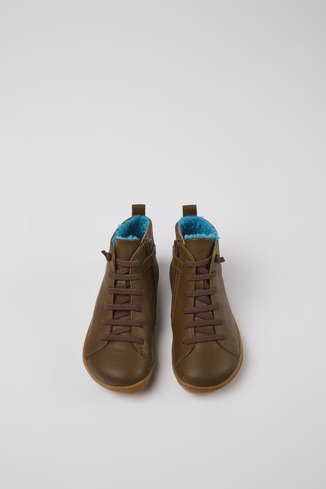 Overhead view of Peu Brown leather ankle boots for kids