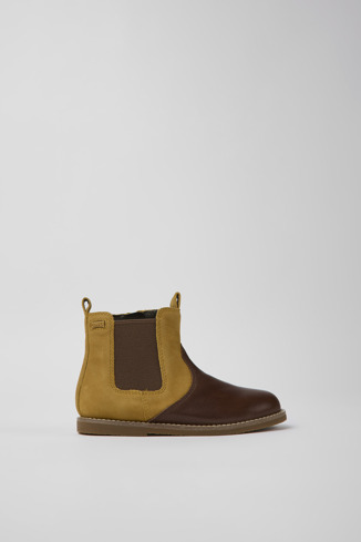 Side view of Savina Brown nubuck and leather ankle boots for kids