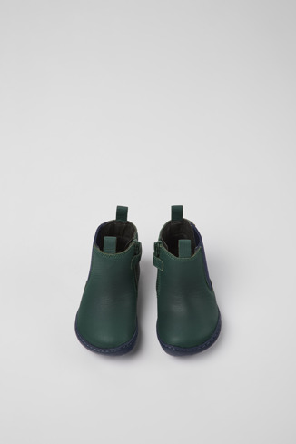 Overhead view of Peu Green and blue leather boots for kids