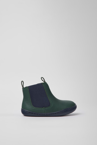Side view of Peu Green and blue leather boots for kids