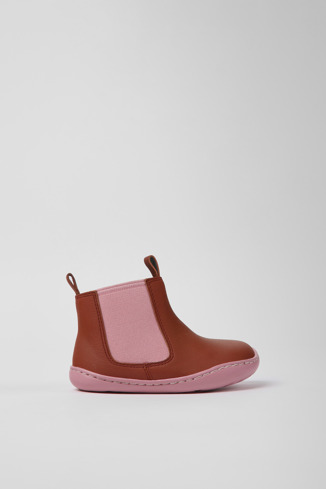 Side view of Peu Red and pink leather boots for kids