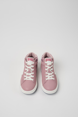 Overhead view of Runner Pink and white recycled leather sneakers for kids