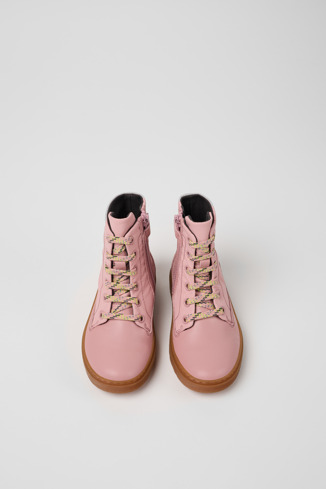 Overhead view of Kiddo Pink leather and textile ankle boots for kids