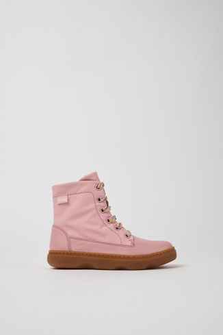 Side view of Kiddo Pink leather and textile ankle boots for kids