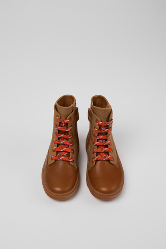 Overhead view of Kiddo Brown leather and textile ankle boots for kids