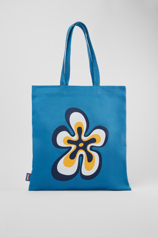 Side view of ConMigo Blue recycled cotton tote bag