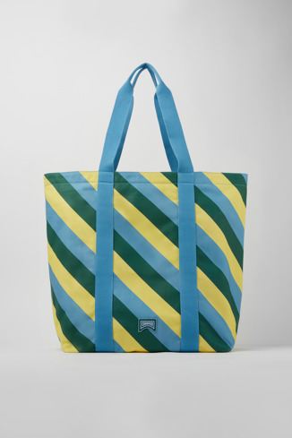 Side view of Ado Yellow, blue, and green recycled cotton tote bag
