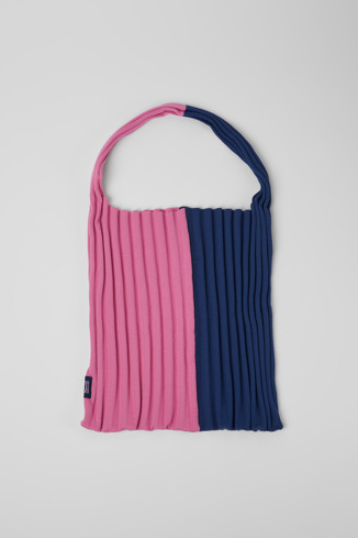 Side view of Knit TENCEL® Blue and pink TENCEL® Lyocell knit bag