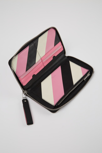 Close-up view of Mosa Large black, pink, and white leather wallet