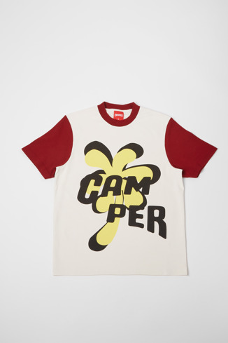 T-Shirt Samarreta unisex estampada de color blanc, bordeus i groc