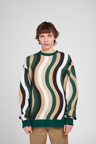 KU10033-002 - Sweatshirt - Biało-zielono-beżowy sweter z bawełny