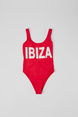 Side view of Vintage "IBIZA" swimsuit Red polyester swimsuit with white lettering